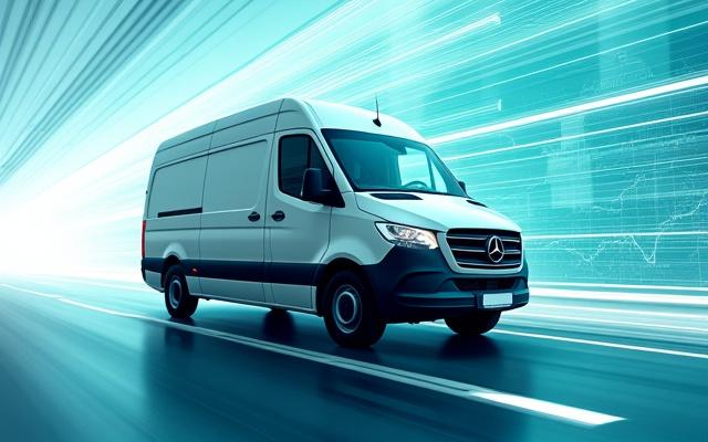 Larawan ng mabilis na Van ng paghahatid na may mga linya ng ruta na sumisimbolo sa optimized logistics